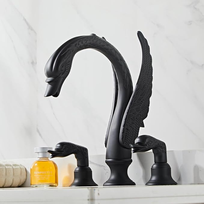 Golden Black Ornate Swan Style Bathroom Sink Faucet Combo Deck Mount Sink Mixer Tap Set Hot Cold Water
