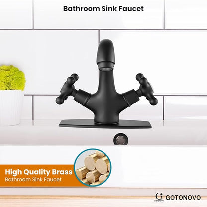 gotonovo Bathroom Sink Faucet Single Hole Double Cross Handle Knobs Lavatory Vessel Sink Mixer Tap Bathroom Faucet with Pop up Drain and Deck Cover Plate Matte Black