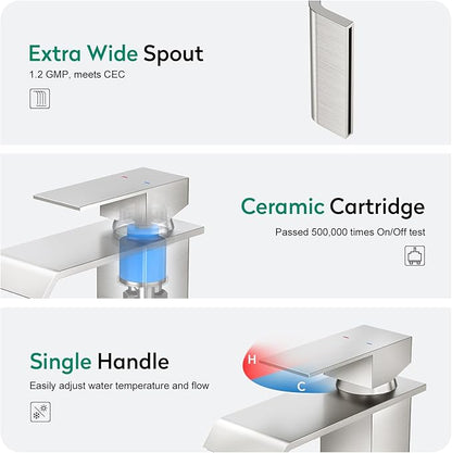 CREA Waterfall Bathroom Faucet 1 Hole,Brushed Nickel Bathroom Faucet Single Handle Bathroom Sink Faucet with Pop Up Drain Stopper/ 3 Hole Plate,Stainless Steel RV Vanity Faucet Basin Mixer Tap