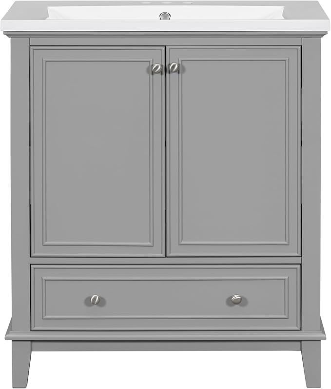 LUMISOL 30" Bathroom Vanity with Sink Set, Modern Single Bathroom Cabinet with Storage Doors and Drawer, Solid Wood Bathroom Vanity with Ceramic Sink, Grey