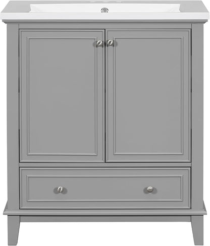 LUMISOL 30" Bathroom Vanity with Sink Set, Modern Single Bathroom Cabinet with Storage Doors and Drawer, Solid Wood Bathroom Vanity with Ceramic Sink, Grey
