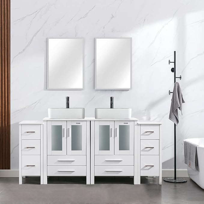 eclife 72" Modern Bathroom Vanity Sink Combo Freestanding Cabinet with Small Side Cabinet, White Black Ceramic Vessel Sink, Water Save Faucet, Drain (White+T03BK)