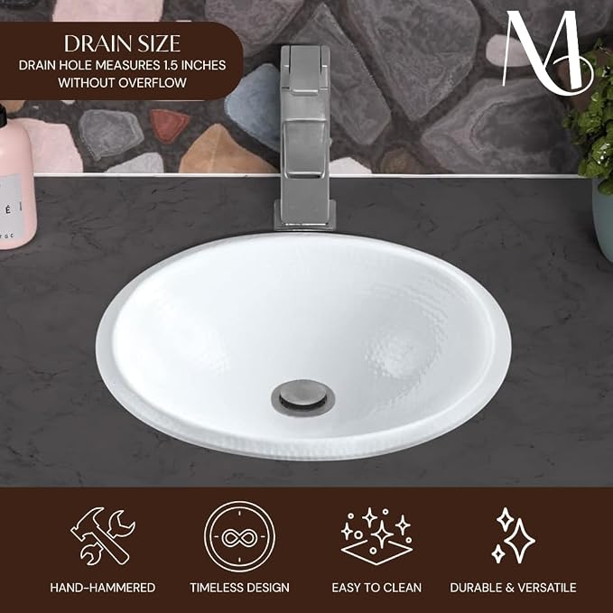 Monarch Abode Bathroom Sink – 17-Inch Oval Drop In Bathroom Sink, Top Mount Hand Hammered Classic White Vanity Sinks for Countertop, Powder Room, Guest Bath or Restroom, Drop in Sinks for Bathrooms