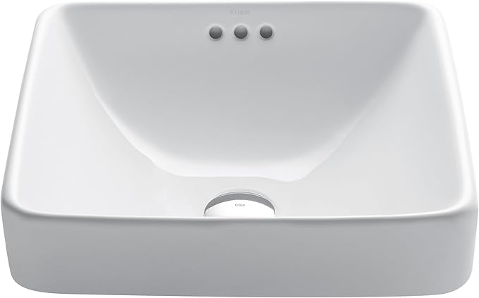 KRAUS Elavo Square Semi-Recessed Vessel White Porcelain Ceramic Bathroom Sink with Overflow, 16 1/2 inch KCR-281