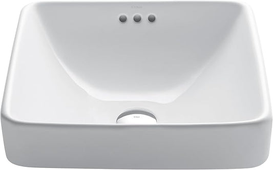 KRAUS Elavo Square Semi-Recessed Vessel White Porcelain Ceramic Bathroom Sink with Overflow, 16 1/2 inch KCR-281
