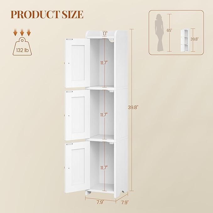 Slim Bathroom Storage Cabinet, Narrow Cabinet with 3 Doors, Small Bathroom Organizers and Storage, Laundry Room Organization for Small Space, Kitchen, Living Room, White 022313X