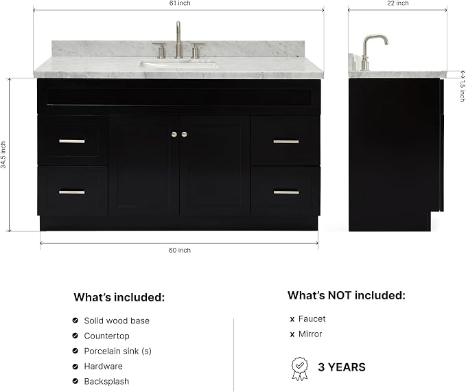 Bradford 60 Inch Bathroom Vanity Single Sink — Black Bathroom Vanity with Sink, 1.5" Edge Italian Carrara Marble Countertop, Solid Wood, 2 Soft-Close Doors, 4 Dovetail Drawers