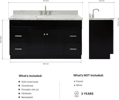 Bradford 60 Inch Bathroom Vanity Single Sink — Black Bathroom Vanity with Sink, 1.5" Edge Italian Carrara Marble Countertop, Solid Wood, 2 Soft-Close Doors, 4 Dovetail Drawers