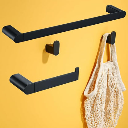 Matte Black Bathroom Hardware Set 4 Pieces, Stainless Steel Towel Bar Set Wall Mounted, Include 18 inch Towel Bar, Robe Towel Hooks, Toilet Paper Holder,Towel Racks Set for Bathroom