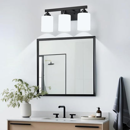 Bathroom Light Fixtures, Vanity Light Over Mirror Black 3-Light Fixture | Modern bathroom vanity light fixture with metal frame, ideal for mirrors, bedrooms and hallways. Fits E26 bulbs.