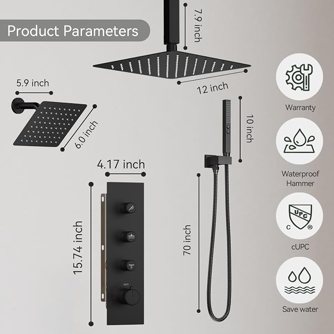 Thermostatic Shower System,Shower Faucet Set,12 Inch Ceiling Mounted and 6 Inch Wall Mount Rain Shower Head with 2 in 1 Handhled,Push Button Diverter Dual Shower Head Combo Set Matte Black