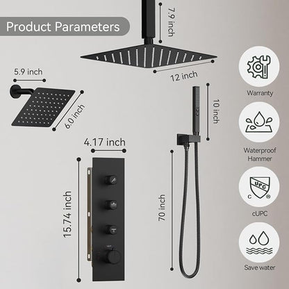 Thermostatic Shower System,Shower Faucet Set,12 Inch Ceiling Mounted and 6 Inch Wall Mount Rain Shower Head with 2 in 1 Handhled,Push Button Diverter Dual Shower Head Combo Set Matte Black