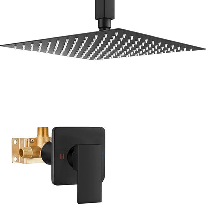 Heyalan 10-Inch Ceiling Mount Shower Faucet Set with Valve, Matte Black | Rainfall shower head, ceiling-mount design, SUS304 steel, adjustable angle, single-handle control