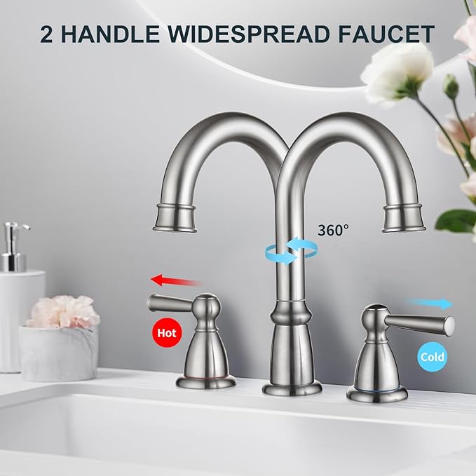 CREA Widespread Bathroom Faucet 3 Hole 8 inch Faucet Brushed Nickel with Pop Up Drain 2 Handle 4 inch Sink Faucets for Vanity Lavatory Basin Restroom Bath