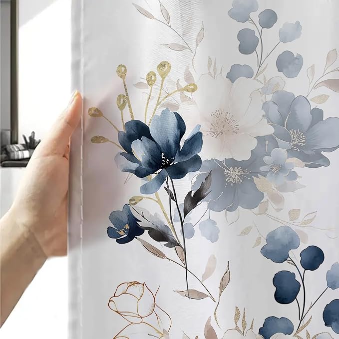 Sanzugh Navy Blue and Gold Flower Shower Curtain, Boho Watercolor Floral Leaves Cute Fabric Shower Curtains Set for Bathroom Decorative with Hooks 60 X 72 inch Beautiful Bath Decor