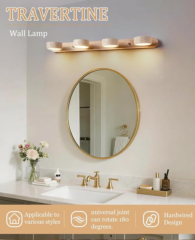 Natural Wood Vanity Light, 27.6 Inches Wabi Sabi Travertine Wall Sconce with 360° Rotatable Natural Stone Lampshade and Wooden Base Nordic Style Farmhouse Vanity Lights for Bathroom (4 Lights)