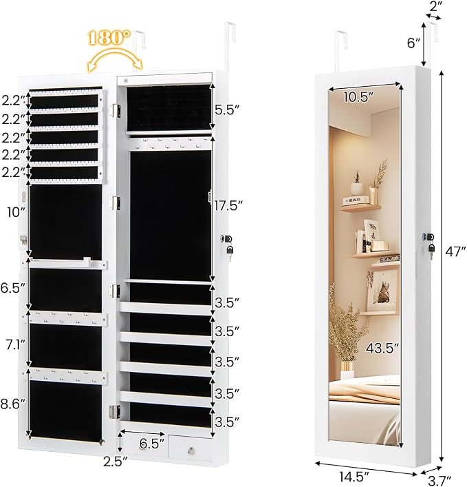 NAFORT 15 LEDs Full Length Mirror Jewelry Cabinet, Jewelry Armoire with Mirror 5 Shelves and 2 Drawers, Door/Wall Mounted Jewelry Mirror with Storage, Over the Door Jewelry Organizer