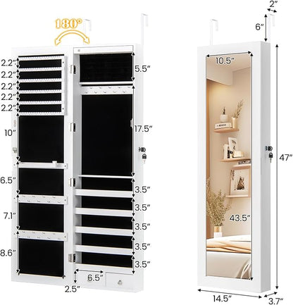 NAFORT 15 LEDs Full Length Mirror Jewelry Cabinet, Jewelry Armoire with Mirror 5 Shelves and 2 Drawers, Door/Wall Mounted Jewelry Mirror with Storage, Over the Door Jewelry Organizer