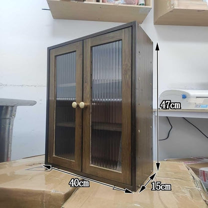 Brown Bamboo Countertop Cabinet Ribbed Glass Doors Adjustable Inner Shelves | 14.6"W×6.7"D×18.1"H magnetic double door cabinet,removable partition,for perfume essential oil kitchen pantry display storage