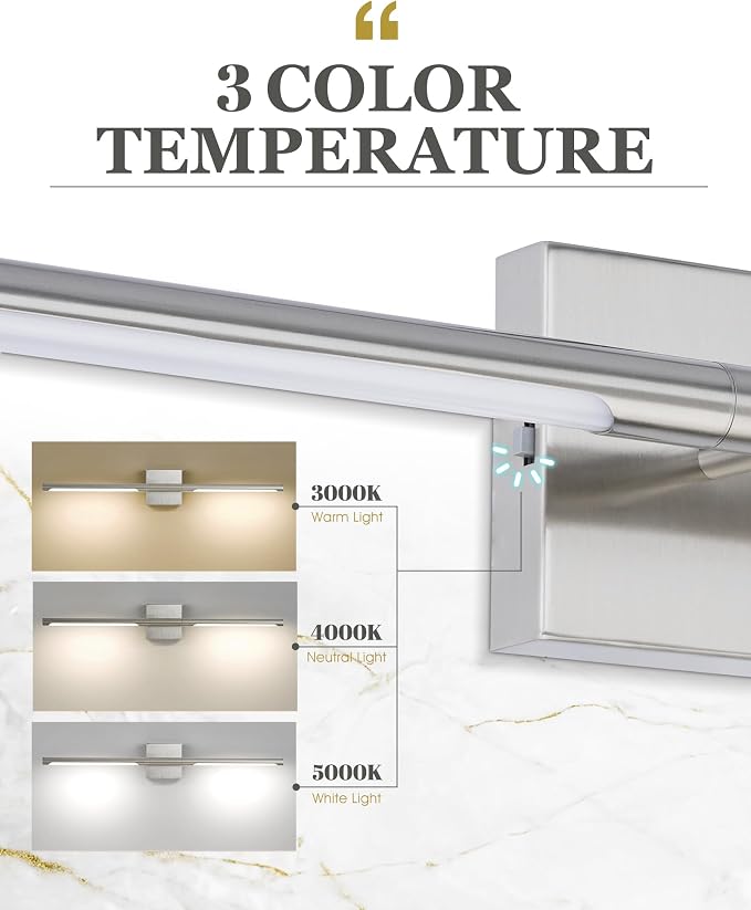 30 Inch Brushed Nickel LED Bathroom Vanity Light, 3CCT Dimmable | 16W, CRI90 Vanity Lighting Fixtures Over Mirror, 360° Rotatable Modern Bathroom Vanity Light Bar, AD-W9465-L75-SN