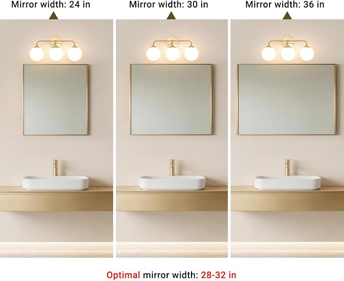 Modern Brushed Gold 3-Lights Vanity Light Fixtures with Milky White Glass Ball Shades, Mid Century Brass Wall Sconce Lighting Fixtures over Mirror, Wall Sconces for Bathroom Dressing Table Bedroom