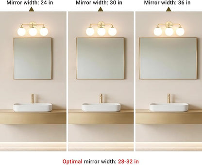 Modern Brushed Gold 3-Lights Vanity Light Fixtures with Milky White Glass Ball Shades, Mid Century Brass Wall Sconce Lighting Fixtures over Mirror, Wall Sconces for Bathroom Dressing Table Bedroom