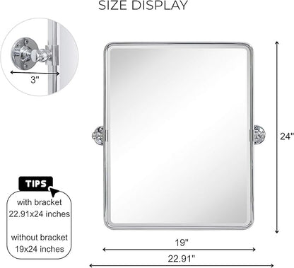 Farmhouse Chrome Metal Framed Pivot Rectangle Bathroom Mirror Rounded Rectangluar Tilting Beveled Vanity Mirrors for Wall, Overall 22.91 x 24 inches (Mirrror 19 x 24 inches)