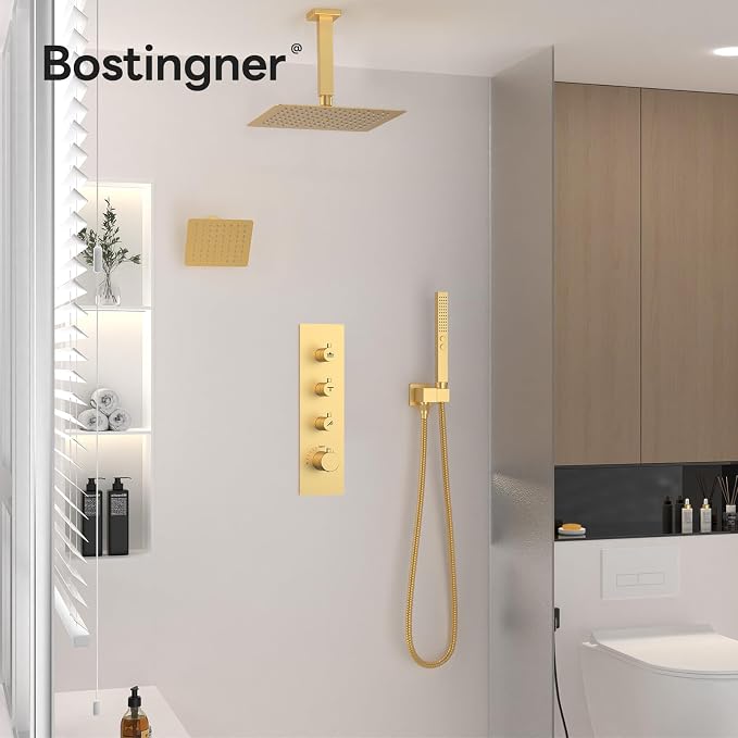 Shower Faucet Set,Thermostatic Shower System Brushed Gold,12 Inch Ceiling Mounted and 6 Inch Wall Mount Rain Shower Head with 2 in 1 Handhled,High Pressure Dual Shower Head Combo Set