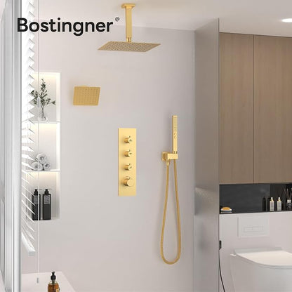 Shower Faucet Set,Thermostatic Shower System Brushed Gold,12 Inch Ceiling Mounted and 6 Inch Wall Mount Rain Shower Head with 2 in 1 Handhled,High Pressure Dual Shower Head Combo Set