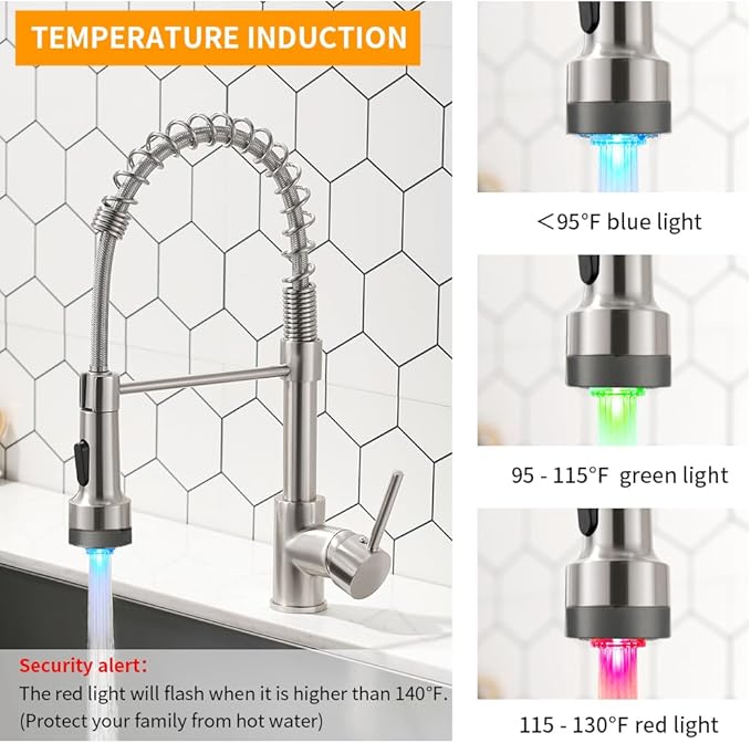 OWOFAN LED Light Kitchen Faucet with Pull Down Sprayer Sus304 Stainless Steel Industrial Single Handle Faucet for Farmhouse Camper Laundry Utility Rv Wet Bar Sinks Brushed Nickel 9005SN