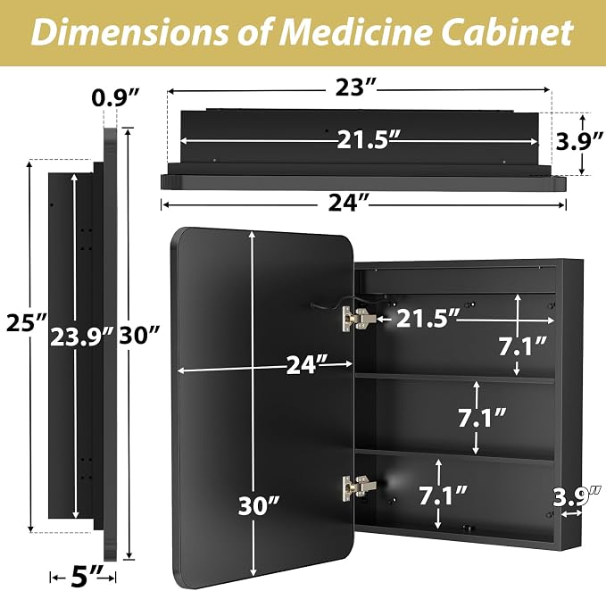 APRILSOUL 24x30 Inch Lighted Bathroom Medicine Cabinet with Mirror, Black Recessed or Surface Mount Medicine Cabinet Mirror with Storage and LED Lights, 3 Colors Temperature, Dimmable Light