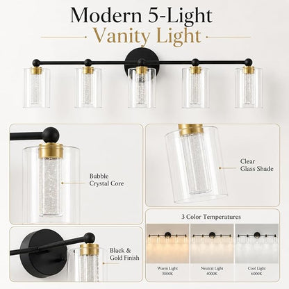 Black and Gold Vanity Light with 3 Color Modes, Eye Protection LED Bathroom Light Fixtures, Dimmable Modern Wall Light Over Mirror with Clear Glass Shade (Black & Gold, 5-Light)