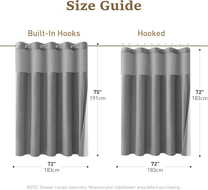 Charcoal Grey Ringless Linen Look Shower Curtain with Snap Liner 72x75 | 3 in 1 Hotel Shower Curtain Set, Removable Liner, Waterproof & Washable, Mesh Top Window, Durable Fabric, Easy to Install