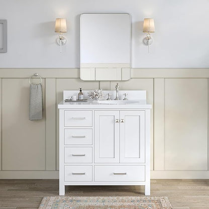 ARIEL Cambridge 36-inch Bathroom Vanity Base Cabinet,Solid Wood, 2 Soft Closing Doors, 5 Dovetail Drawers, White