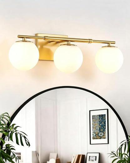Bathroom Vanity Light Brushed Brass 3T Wall Sconce for Mirror | Modern fixture Globe Glass Shade brightness, elivers even brightness. Sturdy metal resists rust. Dresser Bathroom over Mirror