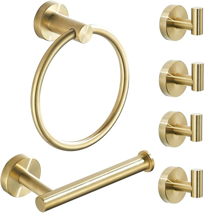 Brushed Gold Bathroom Hardware Set, Gold Toilet Paper Holder Towel Ring and 4 Robe Hooks Hand Towel Holder Bathroom Accessories Kit Wall Mount Stainless Steel, 6 Pieces