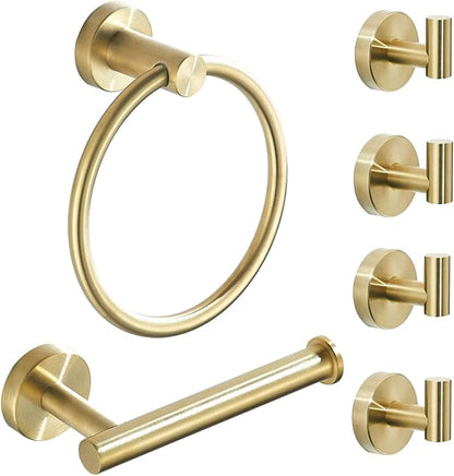 Brushed Gold Bathroom Hardware Set, Gold Toilet Paper Holder Towel Ring and 4 Robe Hooks Hand Towel Holder Bathroom Accessories Kit Wall Mount Stainless Steel, 6 Pieces