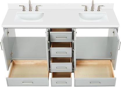 ARIEL Stafford 60-inch Bathroom Vanity with Sink,Solid Wood, 1.5-inch Pure White Quartz Countertop & Backsplash, Double Rectangular Porcelain Sink, 4 Soft Closing Doors, 6 Dovetail Drawers, Grey