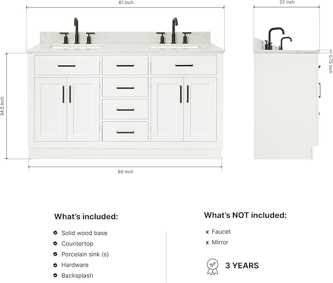 ARIEL Hepburn 60-inch Bathroom Vanity with Sink,Solid Wood, 0.75-inch Italian Carrara Marble Countertop, Double Rectangular Porcelain Sink, 4 Soft Closing Doors, 6 Dovetail Drawers, White