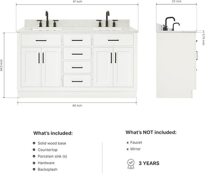 ARIEL Hepburn 60-inch Bathroom Vanity with Sink,Solid Wood, 0.75-inch Italian Carrara Marble Countertop, Double Rectangular Porcelain Sink, 4 Soft Closing Doors, 6 Dovetail Drawers, White
