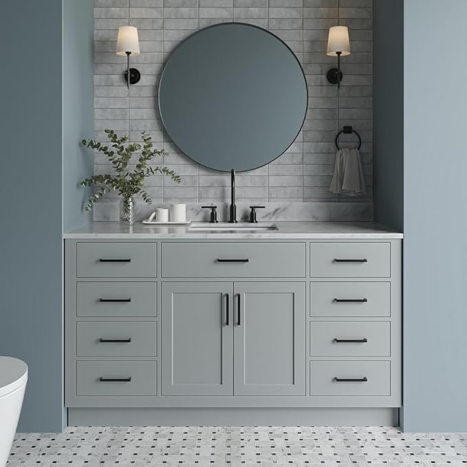ARIEL Hepburn 60-inch Bathroom Vanity with Sink,Solid Wood, 0.75-inch Italian Carrara Marble Countertop, Single Rectangular Porcelain Sink, 2 Soft Closing Doors, 9 Dovetail Drawers, Grey