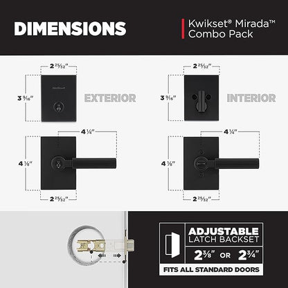 Kwikset Mirada Reeded Front Door Lock Handle and Deadbolt Set, Entry Handleset with Interior Reversible Lever, Matte Black, Pick Resistant SmartKey Rekey Deadbolt Security, with Microban Protection