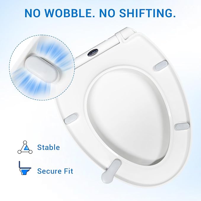 KHE Elongated Toilet Seat 18.5 Inch, Soft Close Toilet Seat with No-Touch Handle, Quick Release for Easy Cleaning, Non-Slip Bumpers, Durable PP, White