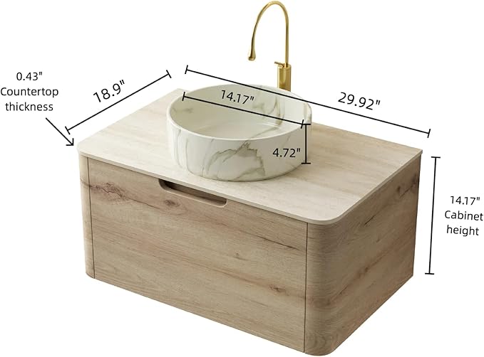 Bathroom Vanity with Sink, 30" Wall-Mounted Bathroom Storage Cabinet with Round Ceramic Basin & Soft-Close Undermount Drawer, Modern Pre-assembled Floating Vanity with Curved Design, White Oak