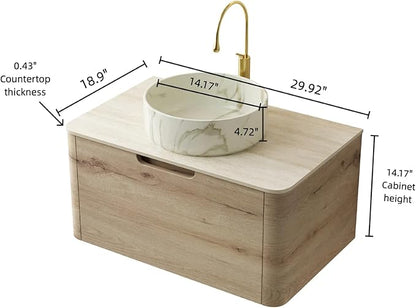 Bathroom Vanity with Sink, 30" Wall-Mounted Bathroom Storage Cabinet with Round Ceramic Basin & Soft-Close Undermount Drawer, Modern Pre-assembled Floating Vanity with Curved Design, White Oak