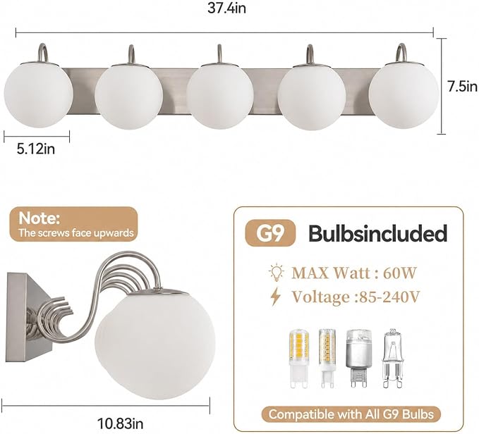 5 Lights Vintage Bathroom Vanity Light Fixtures Over Mirror, Brushed Nickel Vanity Lights For Bathroom With Milk White Glass Globe Shade, Wall Lights For Bedroom, Hallway, Dressing Table(G9 Incl.)