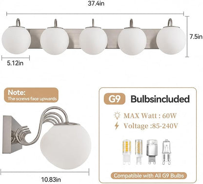 5 Lights Vintage Bathroom Vanity Light Fixtures Over Mirror, Brushed Nickel Vanity Lights For Bathroom With Milk White Glass Globe Shade, Wall Lights For Bedroom, Hallway, Dressing Table(G9 Incl.)