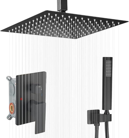 16 Inch Ceiling Mount Matte Black Shower System Bathroom Luxury Rain Mixer Shower Combo Set Ceiling Rainfall Shower Head System (Contain Shower Faucet Rough-in Valve Body and Trim Kit)