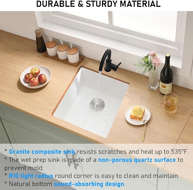 Undermount Bar Sink, 19x19 Inch White Granite Quartz Composite | Small Kitchen Sink Wet Bar Single Bowl Square Deep Basin with Squeegee Brush Combo