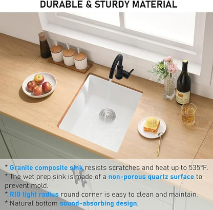 Undermount Bar Sink, 19x19 Inch White Granite Quartz Composite | Small Kitchen Sink Wet Bar Single Bowl Square Deep Basin with Squeegee Brush Combo